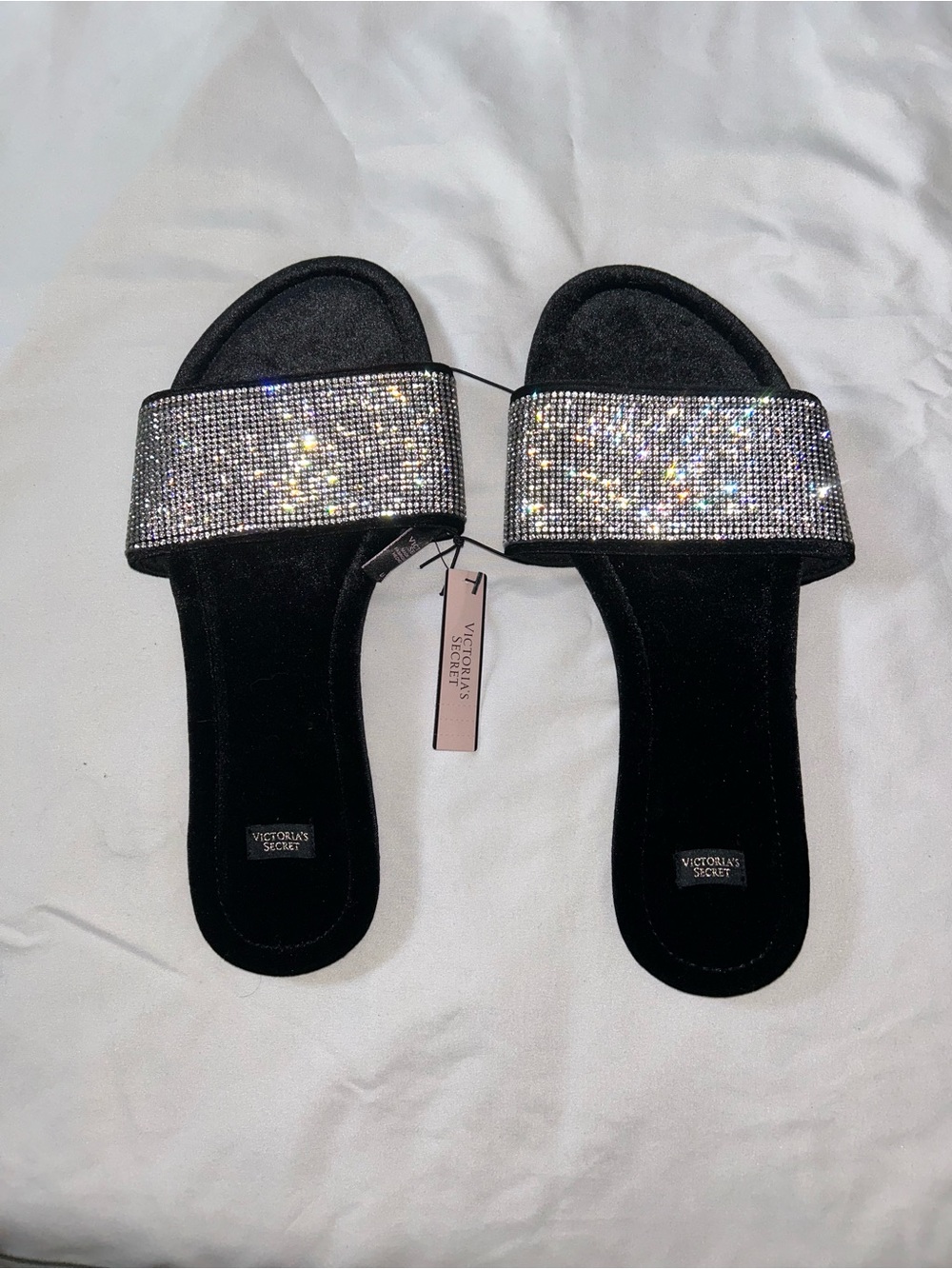 Victoria's Secret Black Slide Sandals with Sparkling Crystal Band